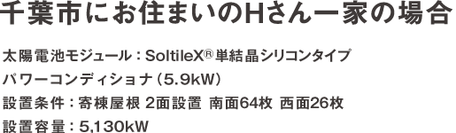 千葉市にお住いのHさん一家の場合 太陽電池：SoltieX®多結晶シリコンタイプ 設置条件：寄棟屋根 2面設置 南西64枚 西面26面